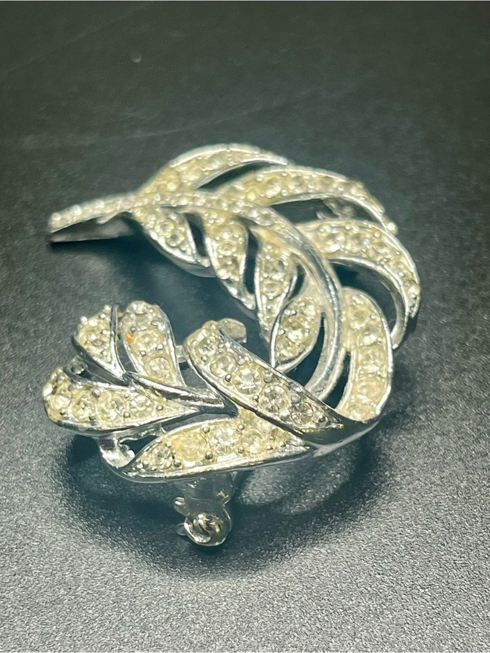 Vintage Lisner Rhinestone Leaf Brooch Silver Tone Signed Mid Century